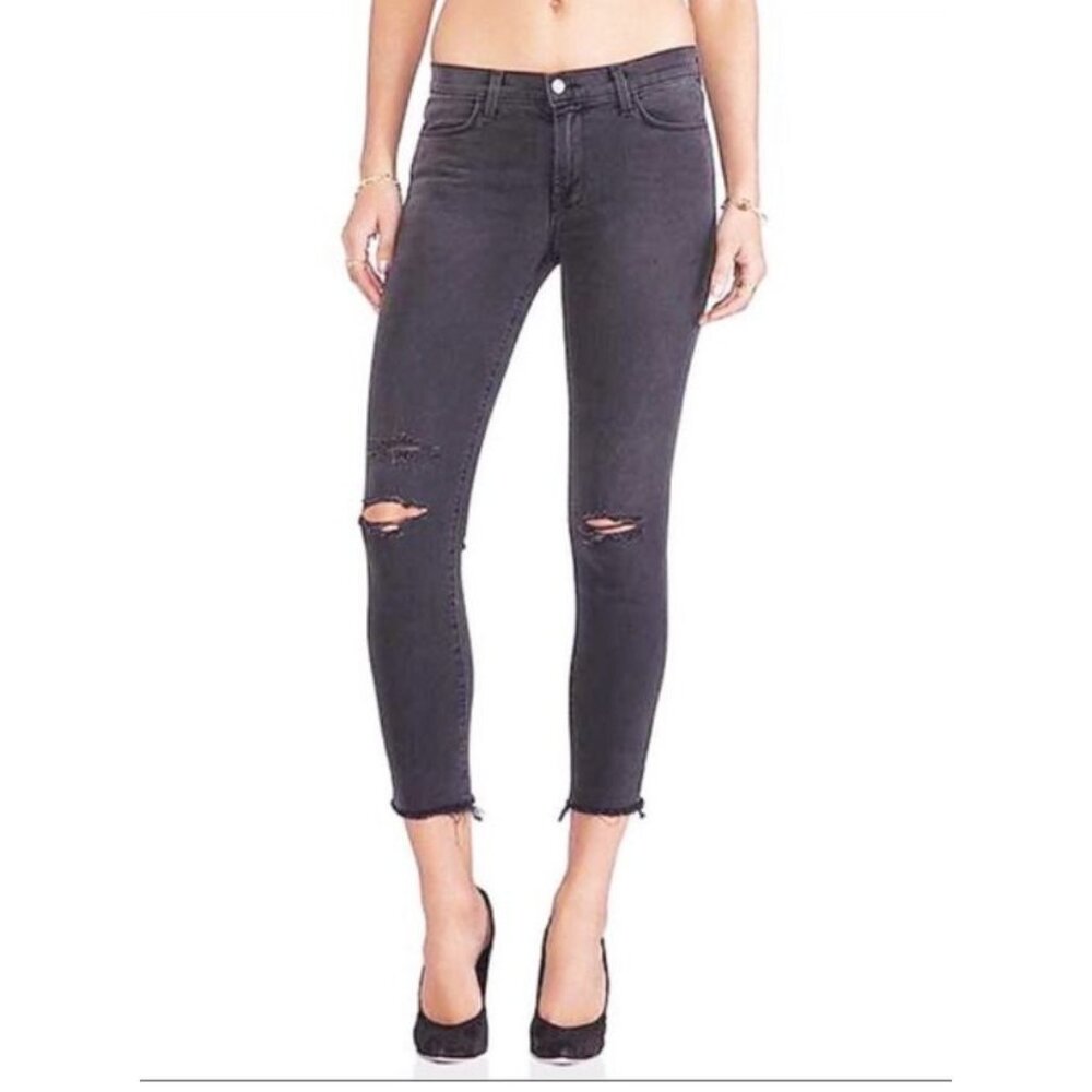 J Brand Mid Rise Cropped Skinny Jeans Mercy Grey Raw Hem Size 28